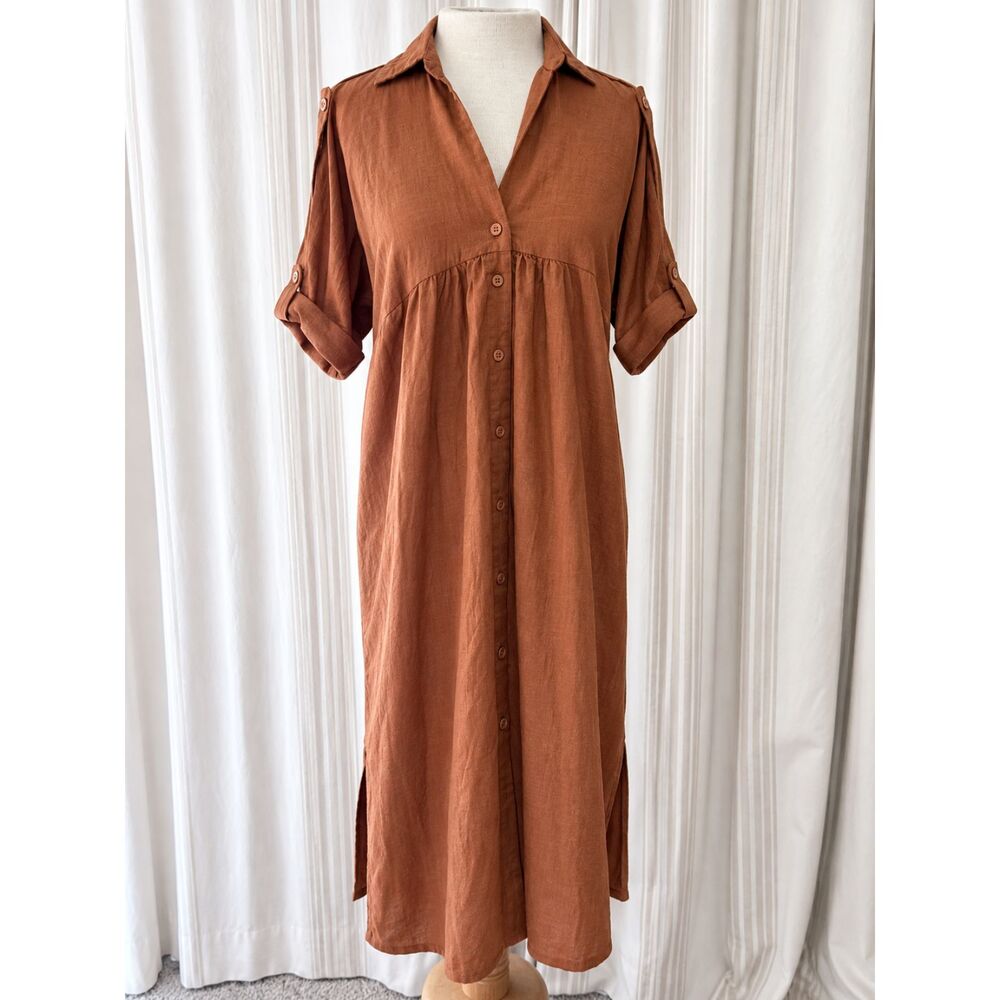 Rust Linen Blend Maxi Shirt Dress Medium Button Front 99